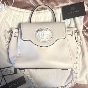 Versace white medium handbag with purple interior and extra strap &white chain